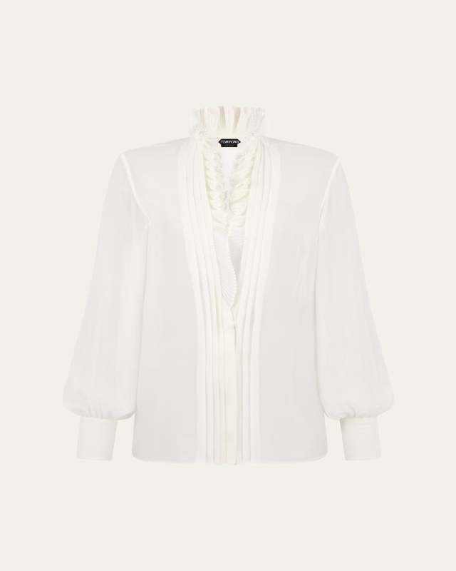 Pleated Puff Sleeve Blouse with Ruffle Trim